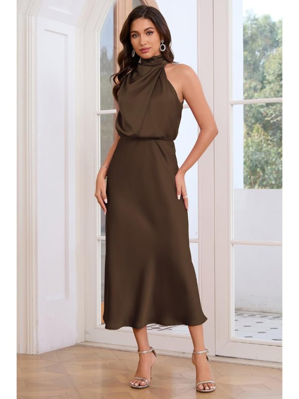 Women Coffee Brown Satin Elegant Formal Sleeveless Mock Neck Cocktail Maxi Dress - Picture 3 of 6